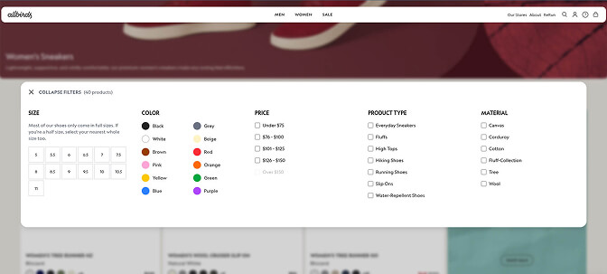 Allbirds minimal filter design with size and color options
