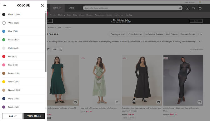 ASOS visual color swatches and pattern filters for fashion products