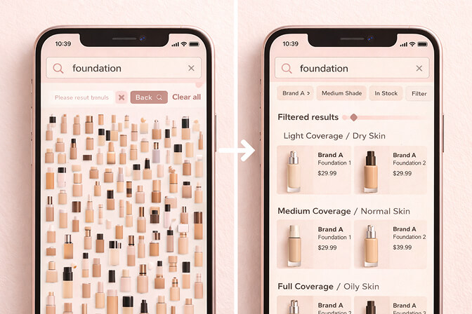 Before and after comparison of cluttered versus organized beauty product search results