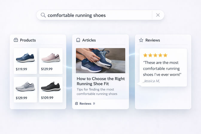 Search results including customer reviews and user generated content alongside product listings