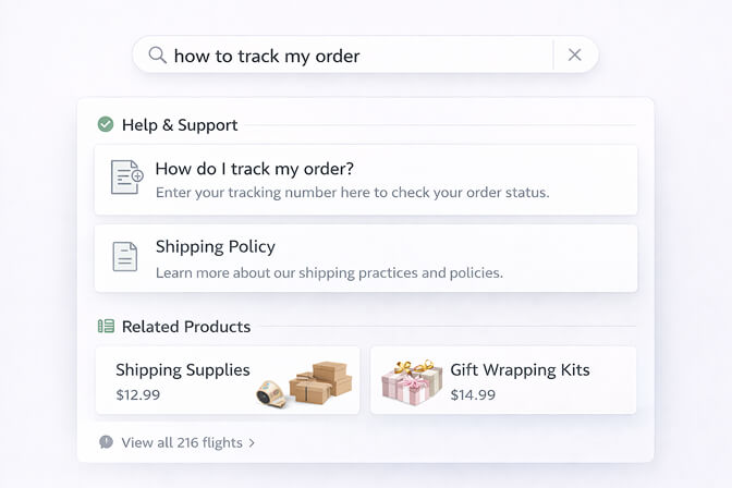 Federated search combining customer support articles and product results in one search view