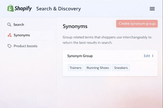 Screenshot of Shopify Search & Discovery app dashboard showing synonym group configuration