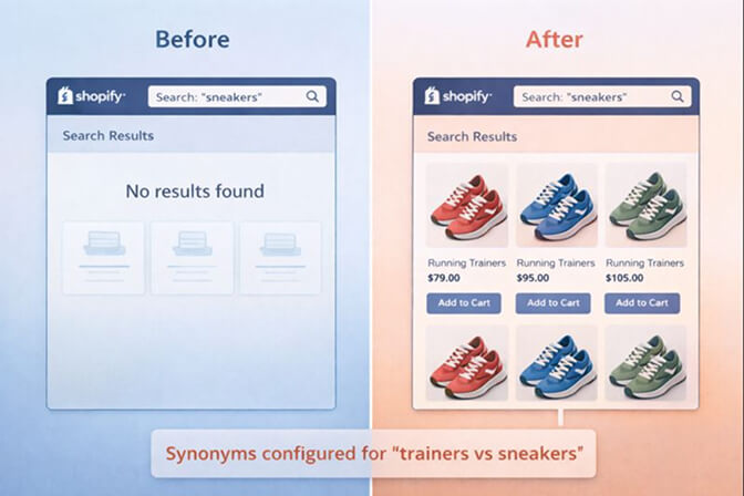 Before/after comparison showing search results for sneakers returning 0 results vs. showing trainer products after synonyms are configured