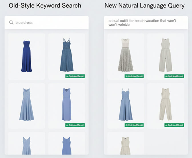 Side-by-side comparison showing old-style keyword search versus new natural language query for casual outfit
