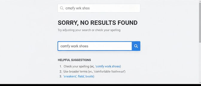 Screenshot showing a no results page with the search query displayed in an editable field accompanied by helpful suggestions
