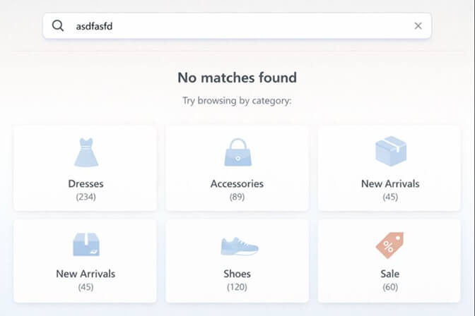 No results page featuring product category links with visual icons to guide customers to browse collections