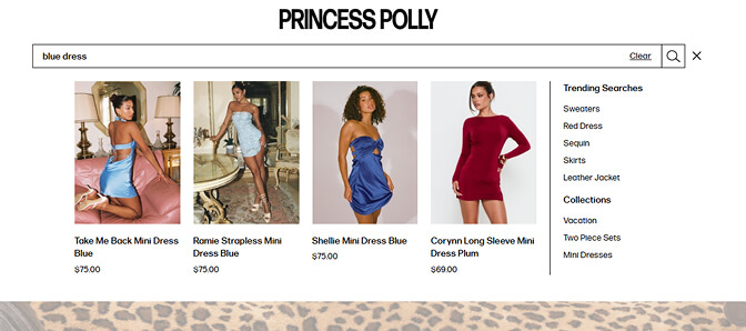 Princess Polly visual autocomplete with product images