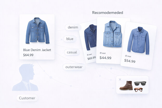 Content-based filtering showing how product attributes like color material and category are matched to recommend similar items
