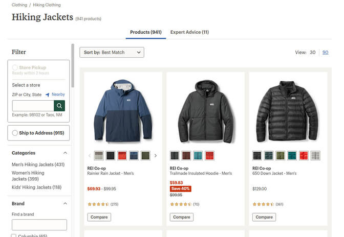 REI technical product filters with specification tooltips