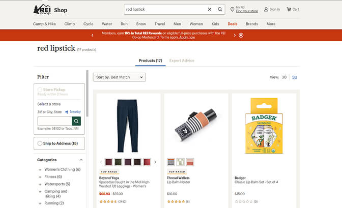 REI no results page with alternative suggestions