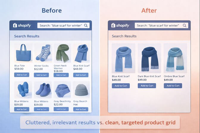 Before/after comparison of search results for blue scarf for winter showing cluttered irrelevant results vs clean targeted product grid