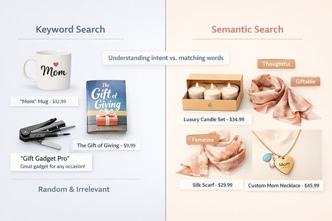 Semantic search mapping gift for mom intent to relevant product categories like candles scarves and jewelry