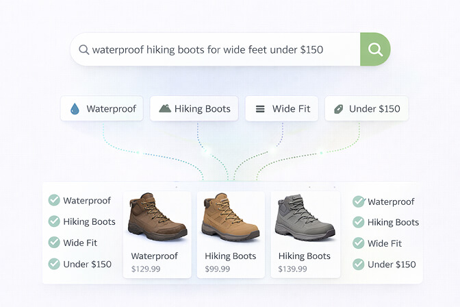 Semantic search breaking down a complex query like waterproof hiking boots for wide feet under 150 into multiple product attributes
