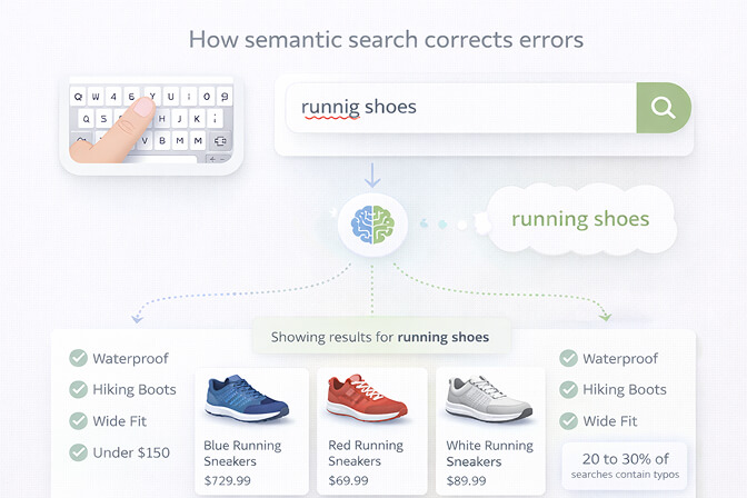 Semantic search correcting misspelled queries like cardigon to cardigan and returning accurate product results