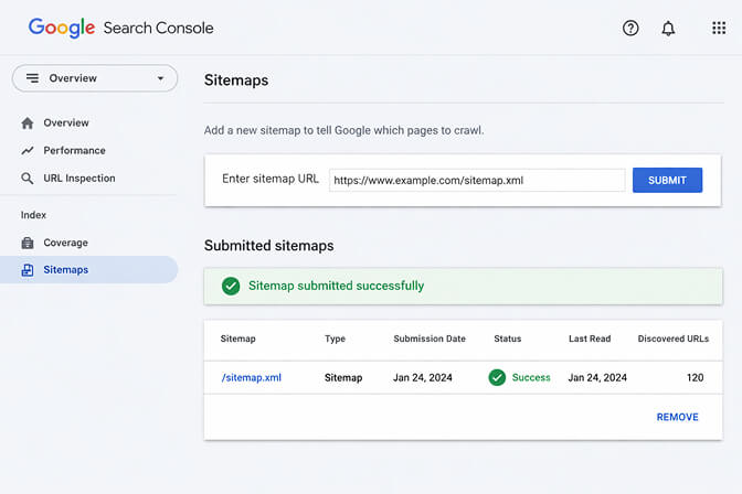 Google Search Console showing successful sitemap submission for Shopify store