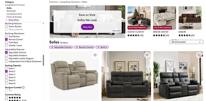 Wayfair multi-select filters with removable tag confirmation