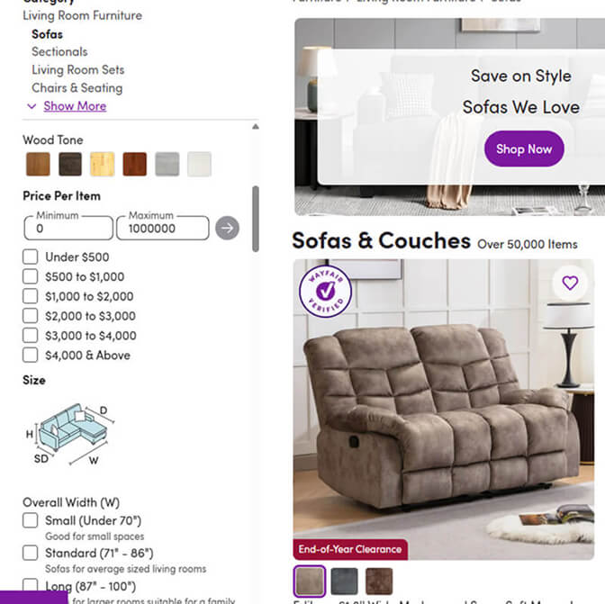 Wayfair filter ordering example showing price and size filters