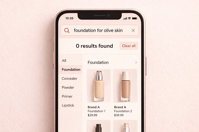 Zero search results page showing no products found for foundation query in beauty store